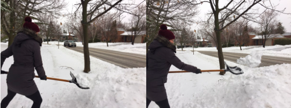 Now to lift and throw the snow- in one rather fast and coordinated movement - exhale, engage your pelvic floor, bring your lowest pelvic organs towards your spine (a Transverse Abdominus activation) all while you lunge onto your front leg and literally “stand up” (the snow will come right up with you!)